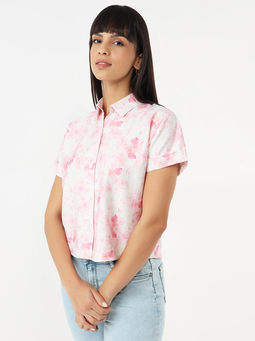 Women Pink Floral Slim Crop Shirt