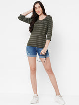 Women Olive Striped Three-Quarter Sleeves T-Shirts