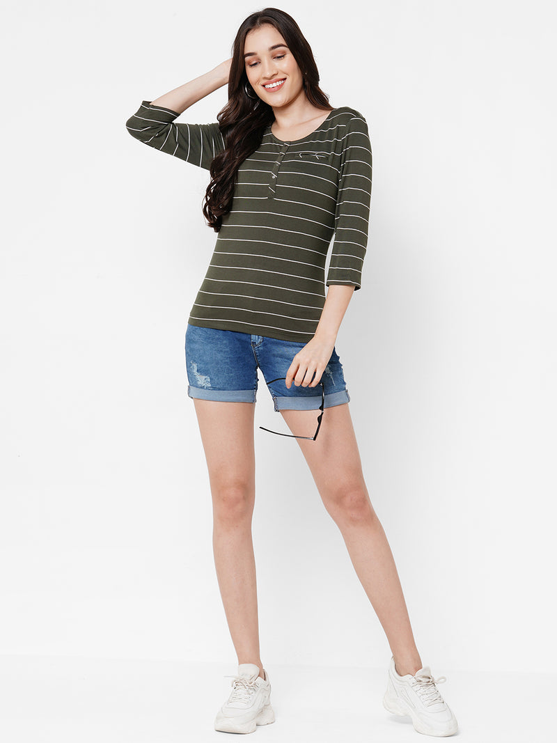 Women Olive Striped Three-Quarter Sleeves T-Shirts