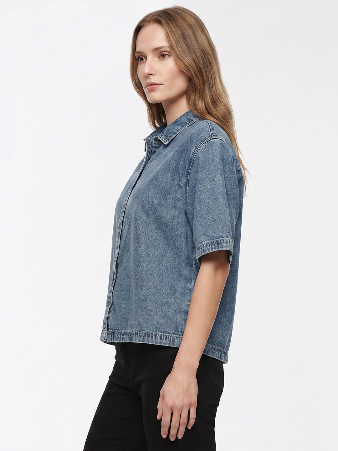 Women Light Blue Crop Denim Shirt