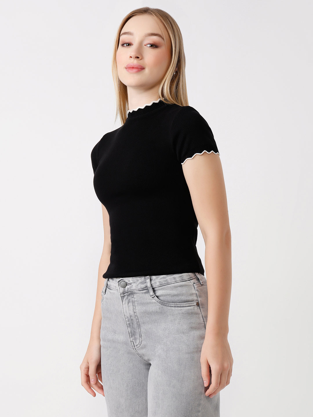 Women Slim Fit Black Flat Knit Top