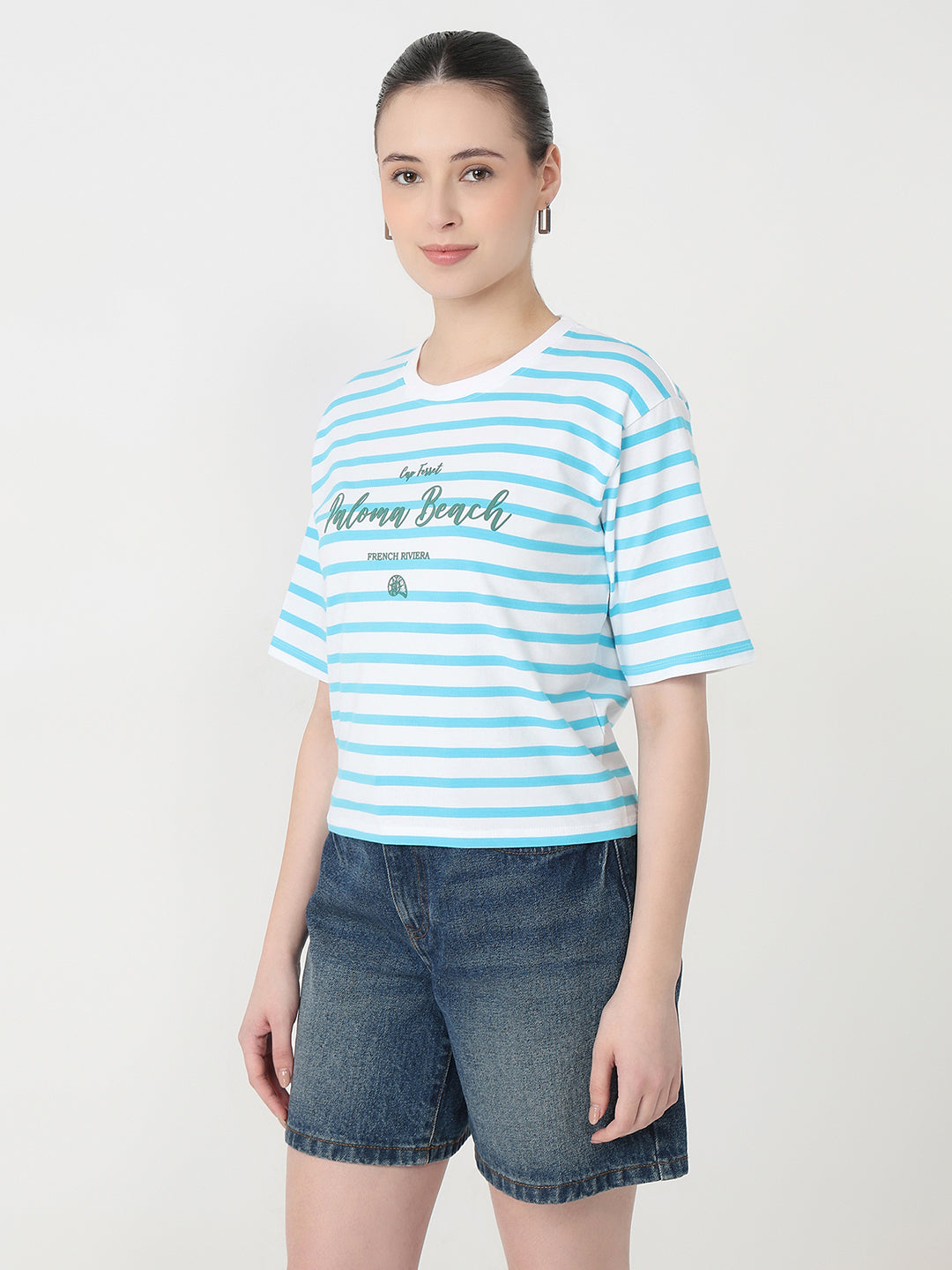 Women Sky/White Slim Fit Graphic Crop T-Shirt