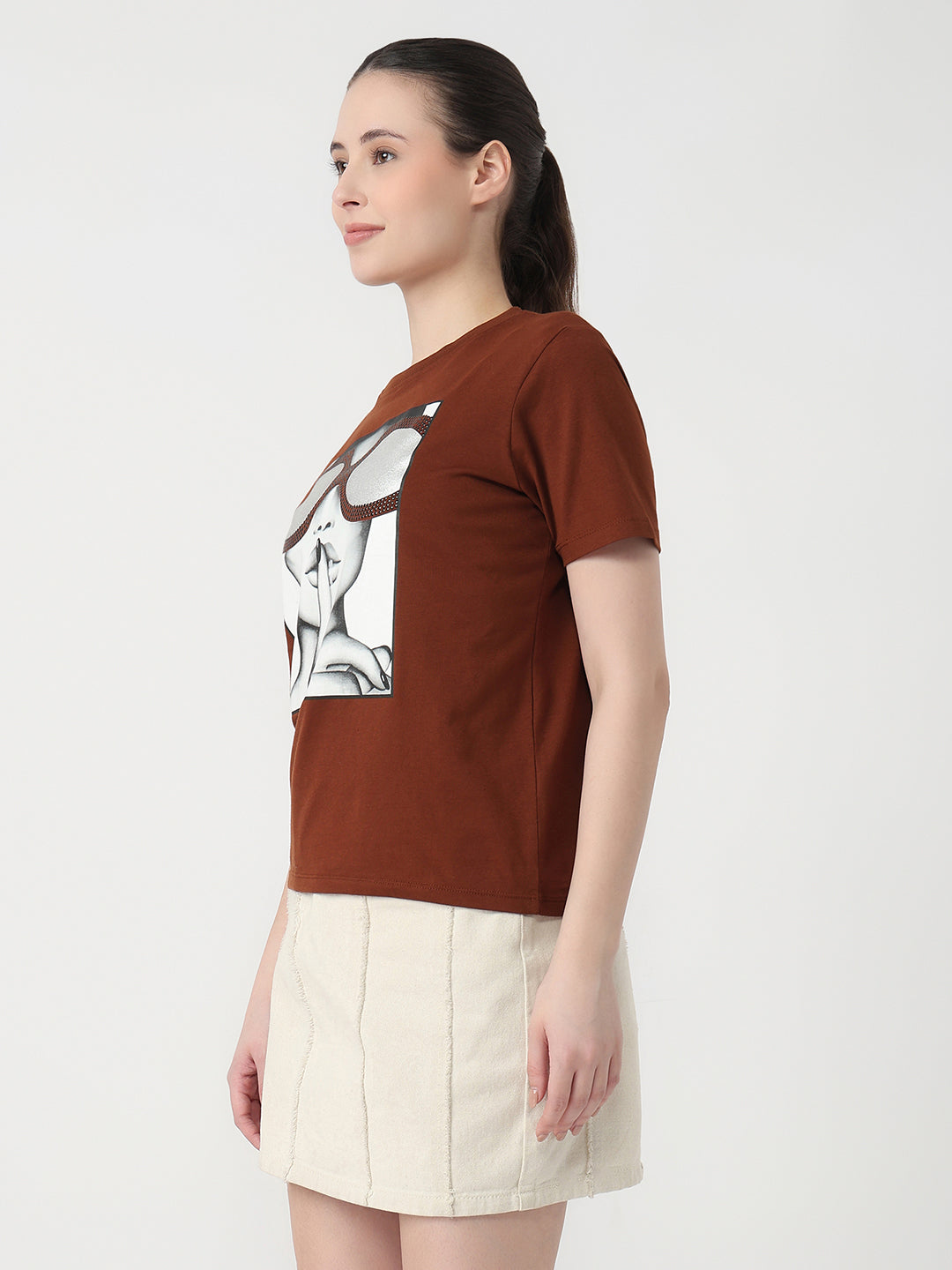 Women Sepia Slim Fit Graphic T-Shirt