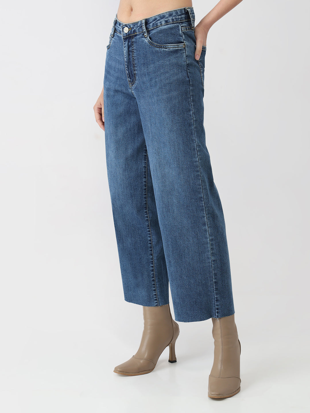 Women Blue High-Rise Crop Wide Leg Jeans