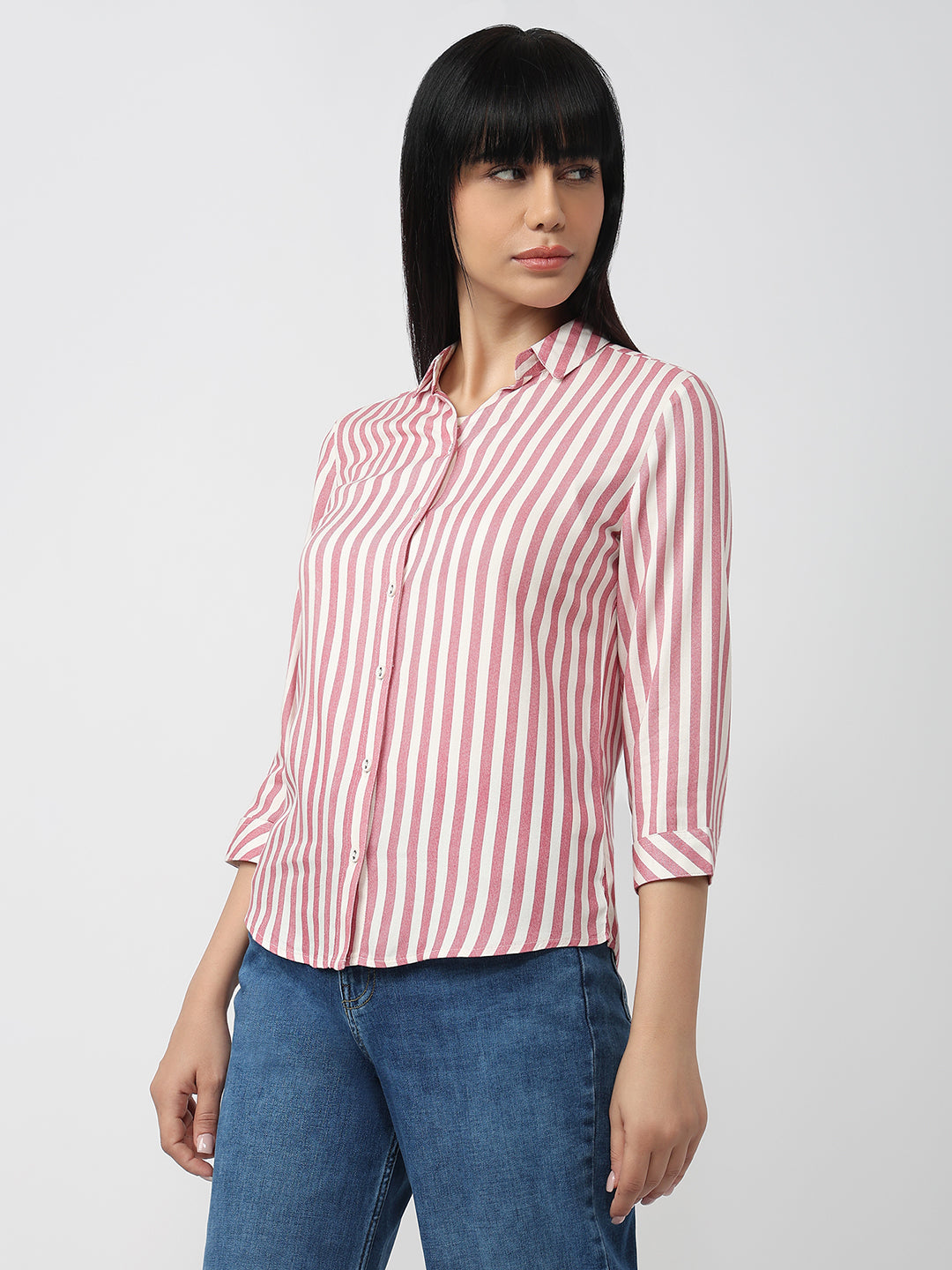 Women Dusty Pink/White Slim Fit Shirt