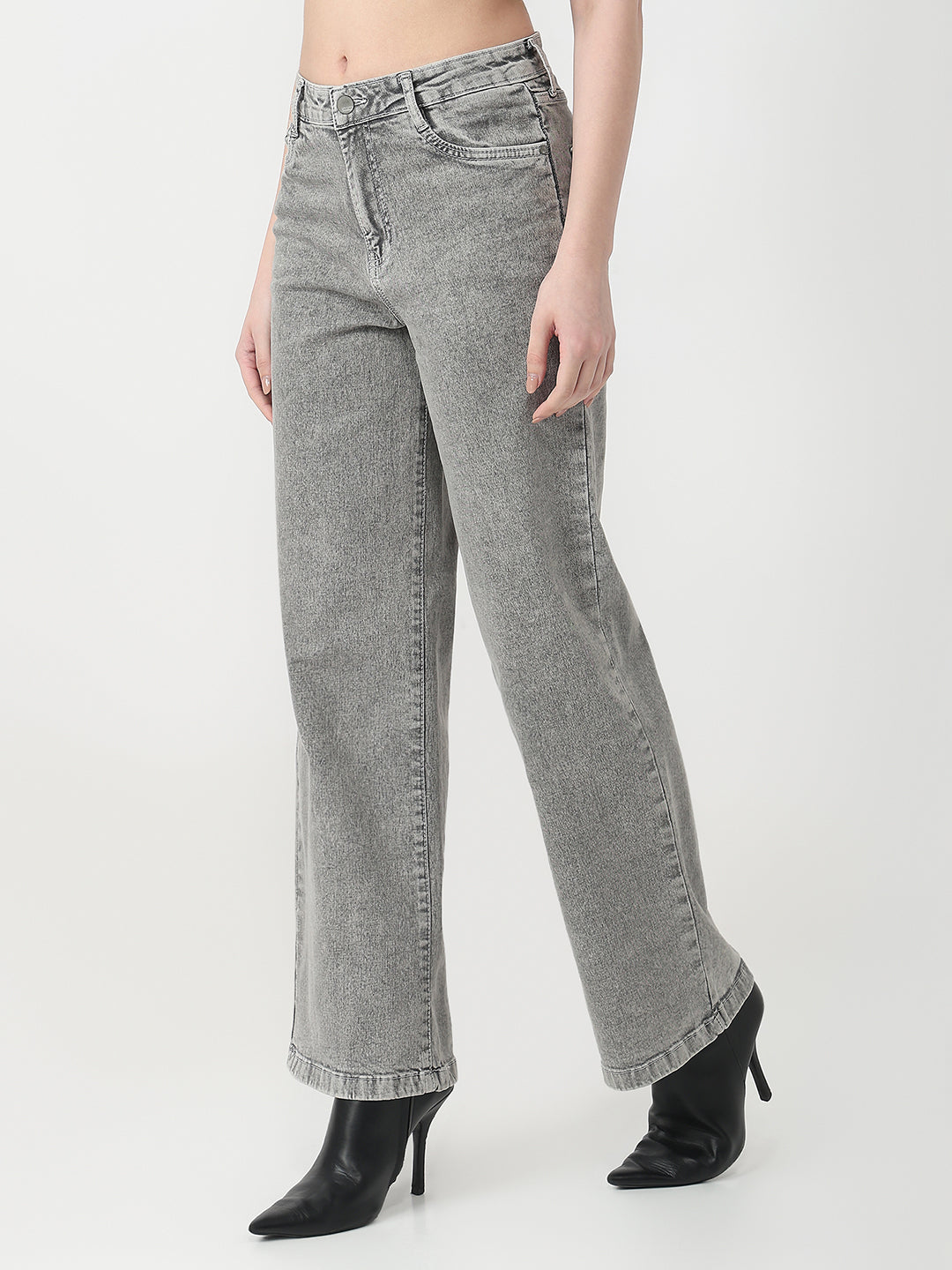 Women Light Grey High-Rise Wide Leg Jeans