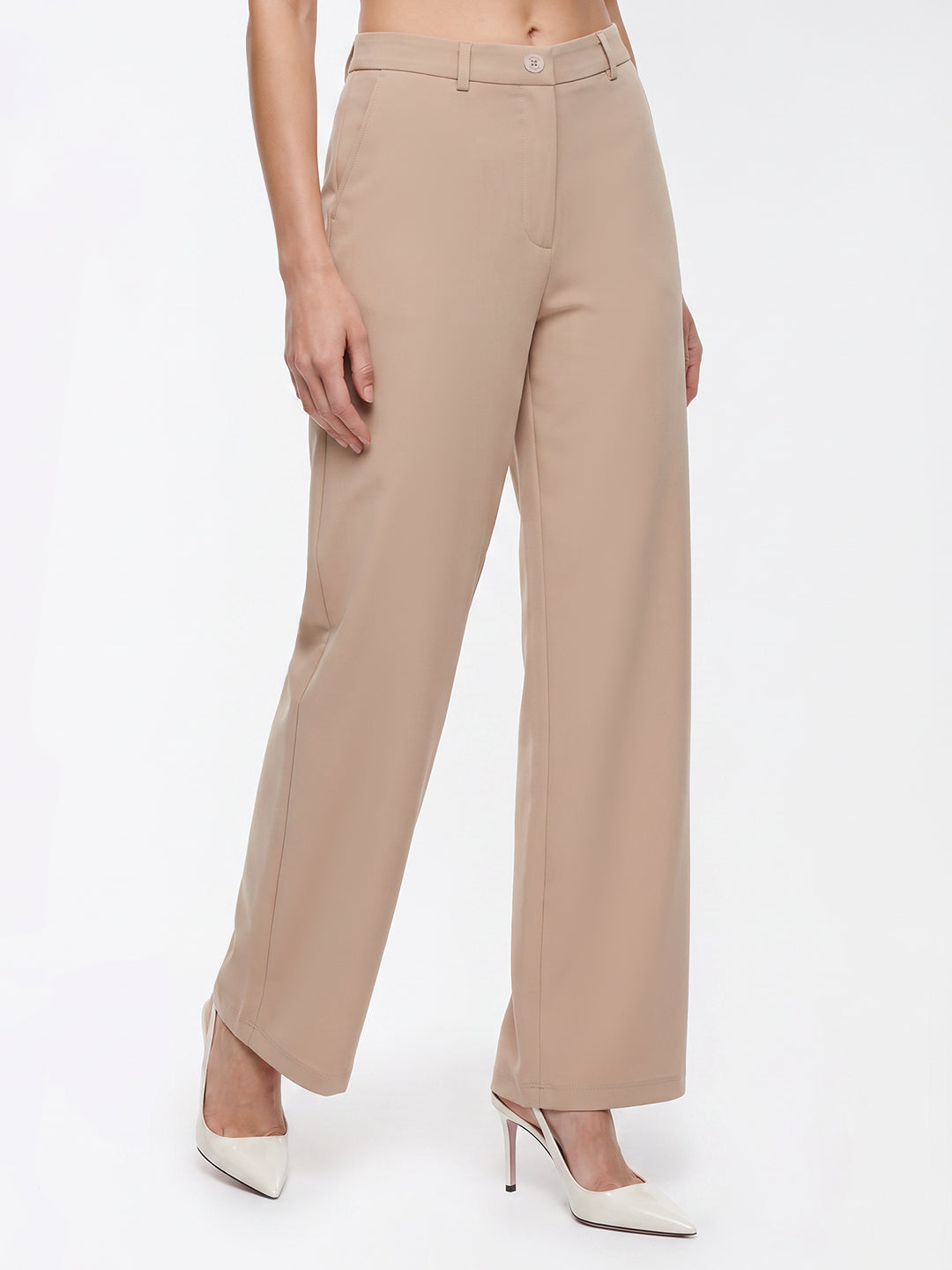 Women Beige High-Rise Wide Leg Jeans
