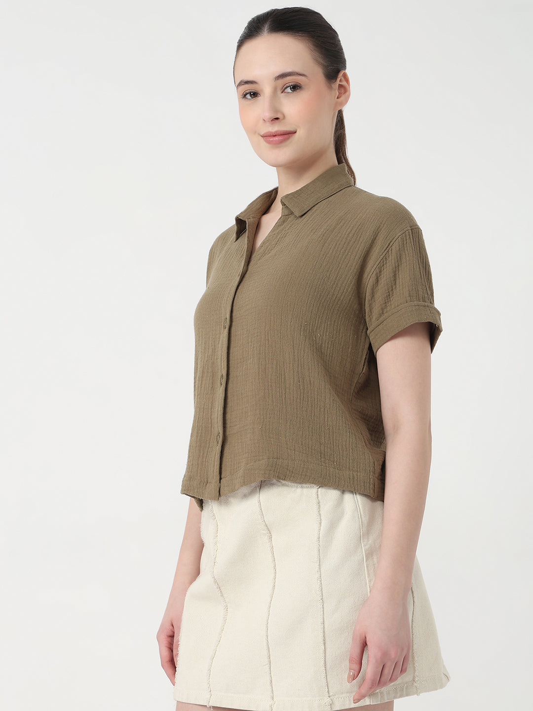 Women Olive Slim Fit Crop Shirt
