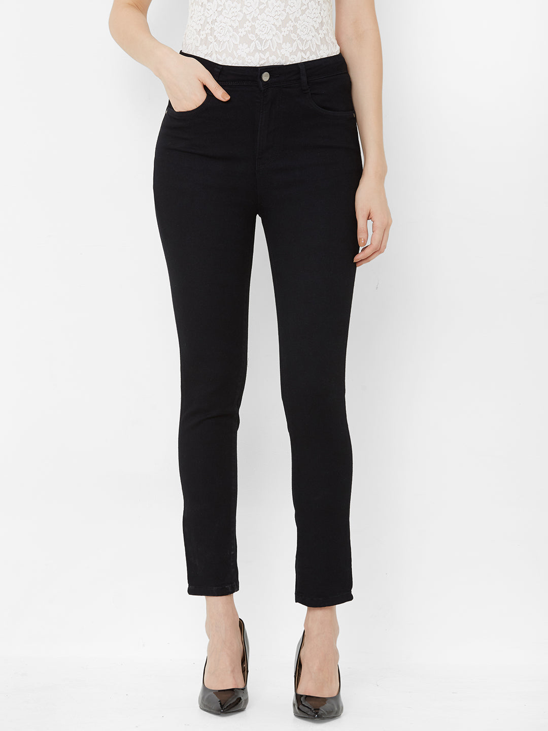 Women Black Mid-Rise Super Straight Crop Fit Jeans