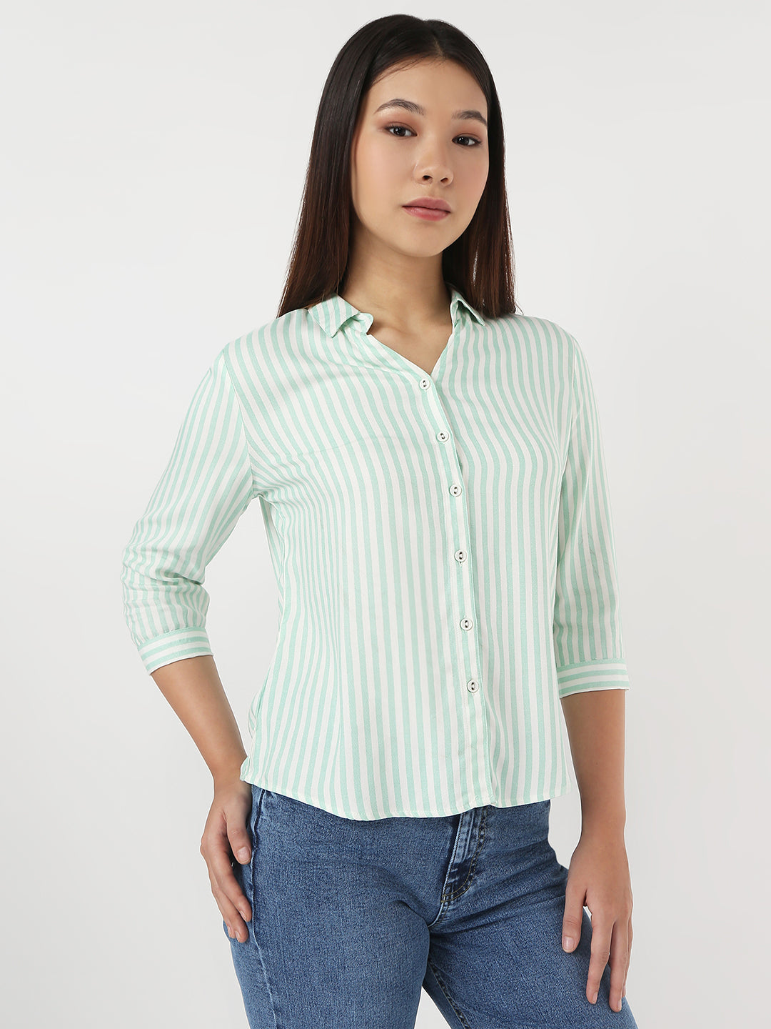 Women Mint & White Slim Stripe Shirt
