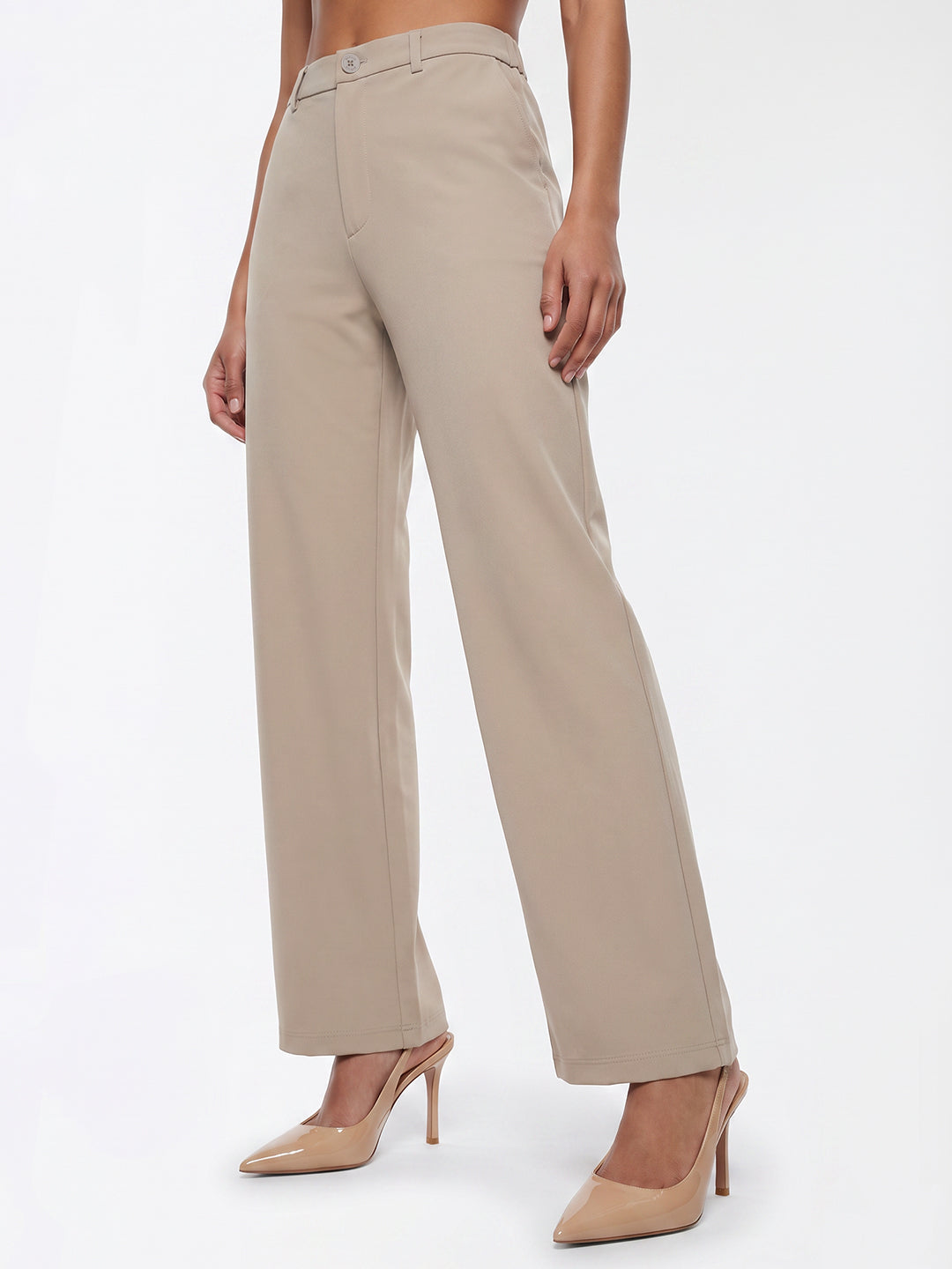 Beige High-Rise Straight Fit Korean Pants