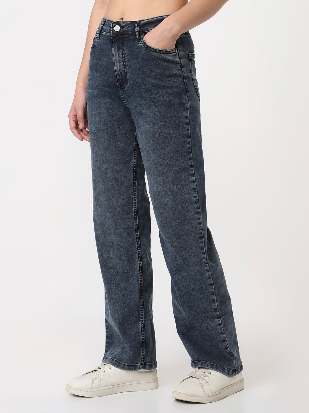 Women Slate Blue High-Rise Straight Fit Jeans