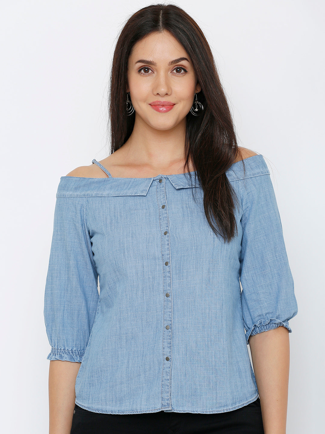 Women Light Blue Off Shoulder Top
