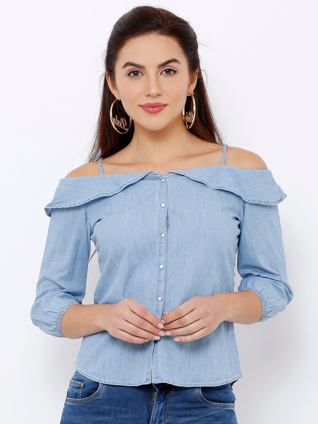 Women Light Blue Off Shoulder Shirt
