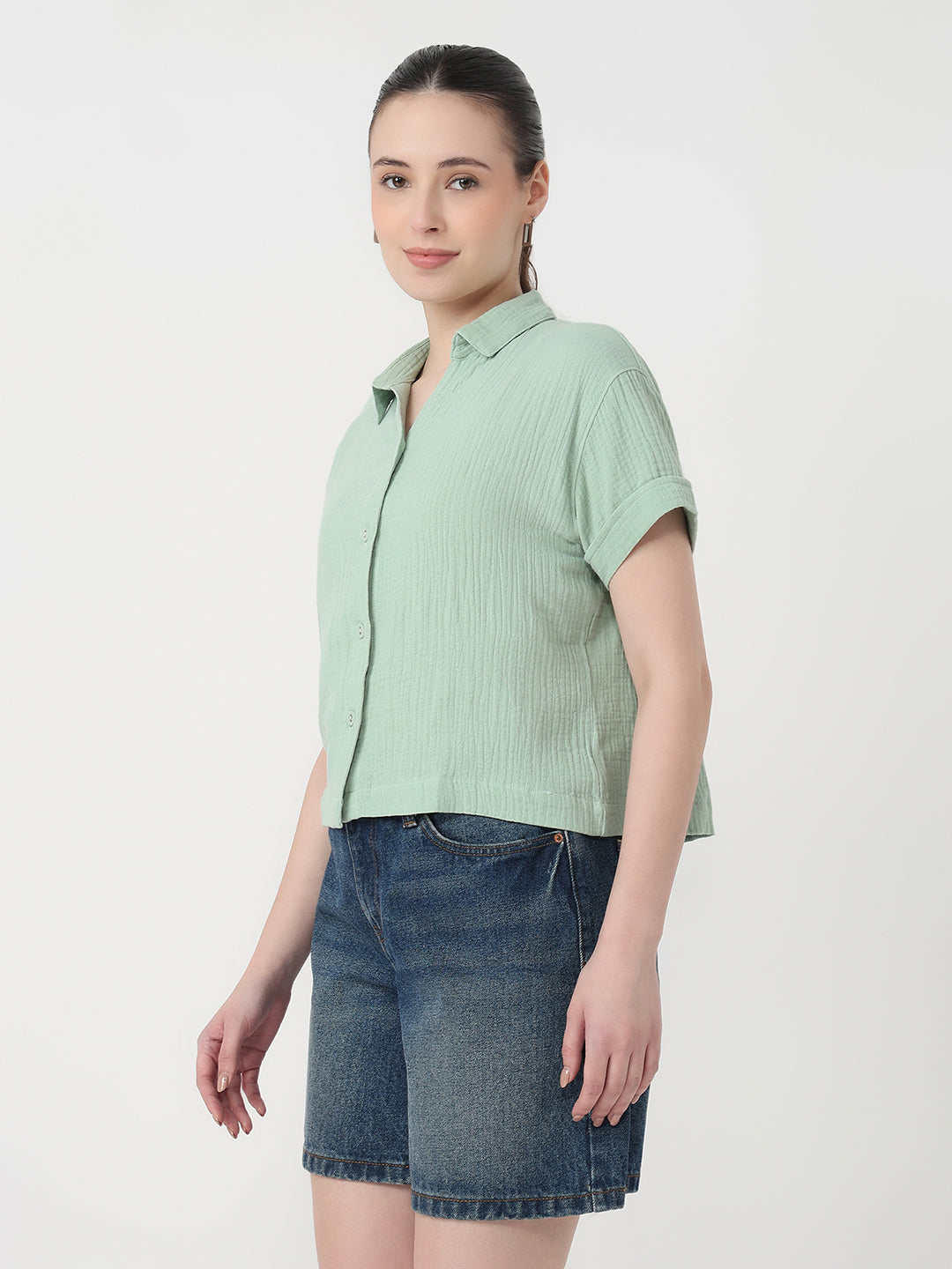 Women Mint Slim Fit Crop Shirt