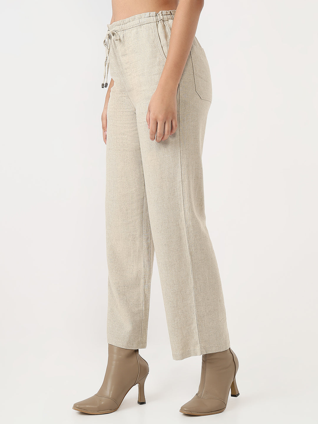 Women Dark Natural Loose Straight Paper Bag Pants