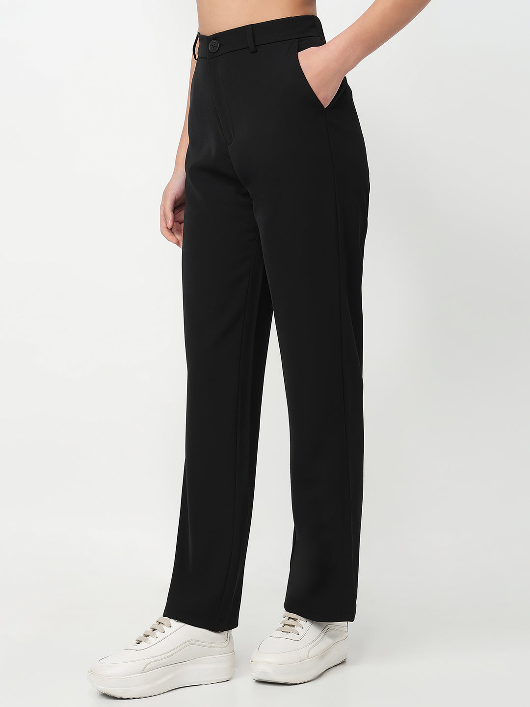 Women Black Mid-Rise Straight Fit Korean Pants
