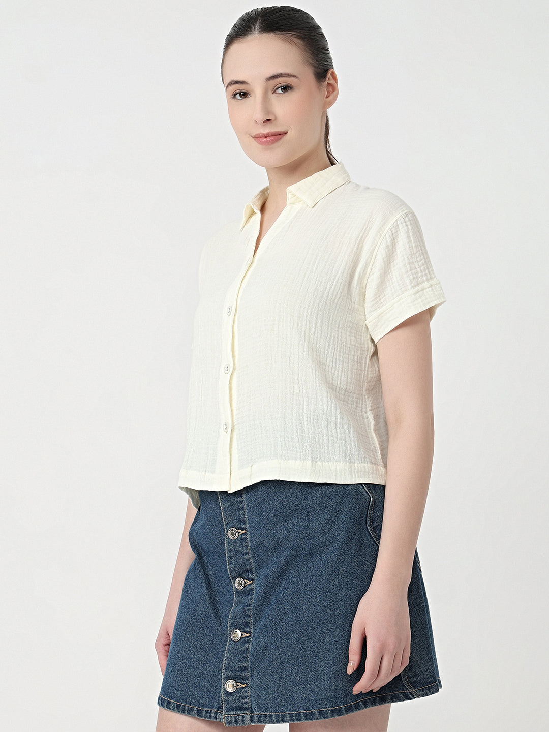 Women Ivory Slim Fit Crop Shirt
