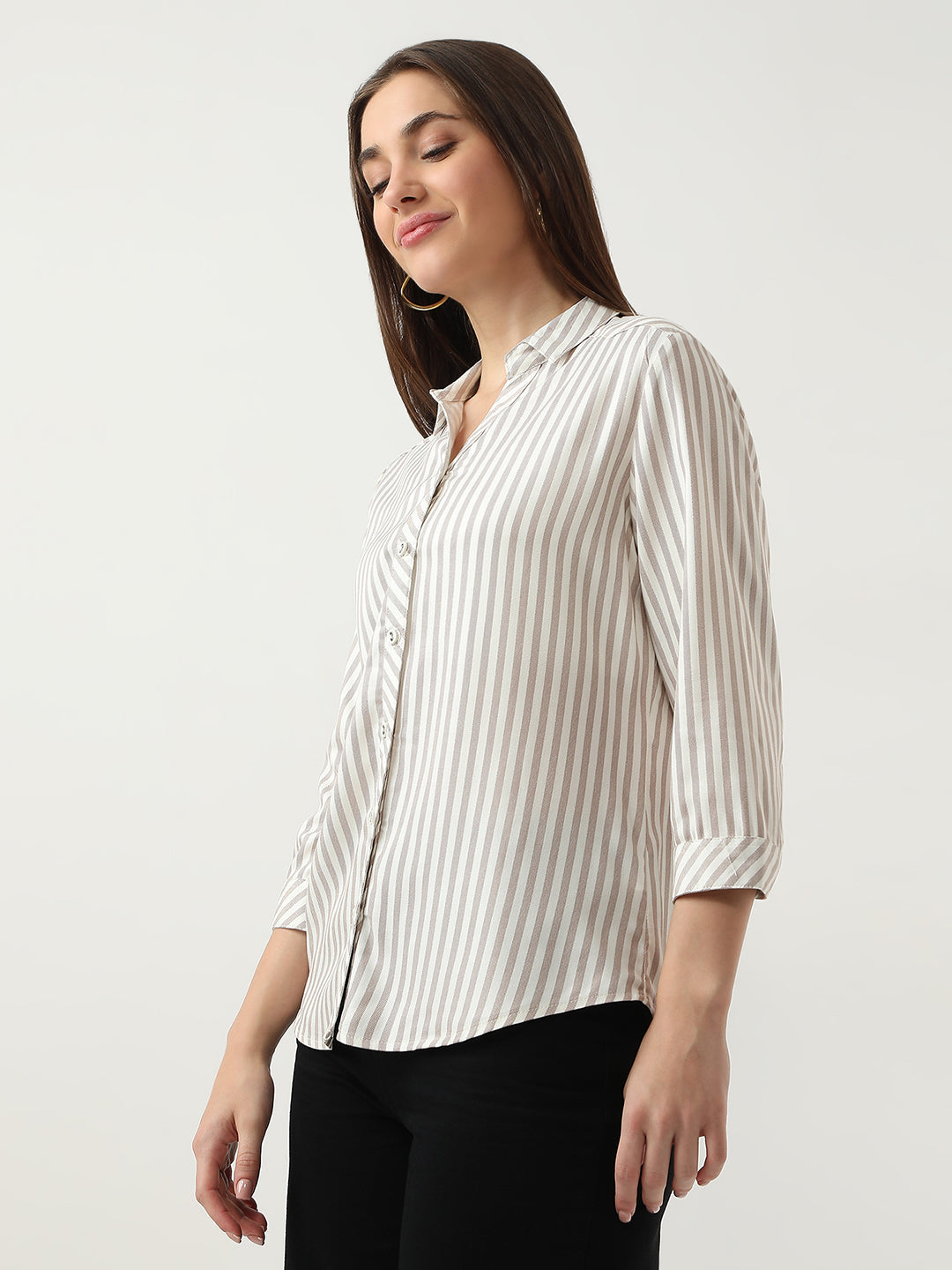 Women Brown/White Stripe Shirt