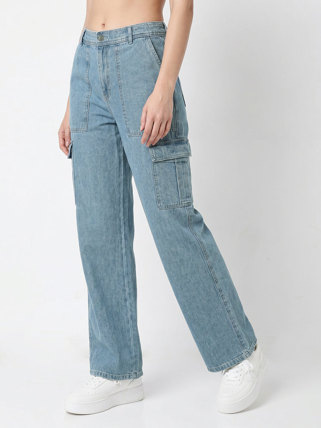 Women Light Blue Mid-Rise Cargo