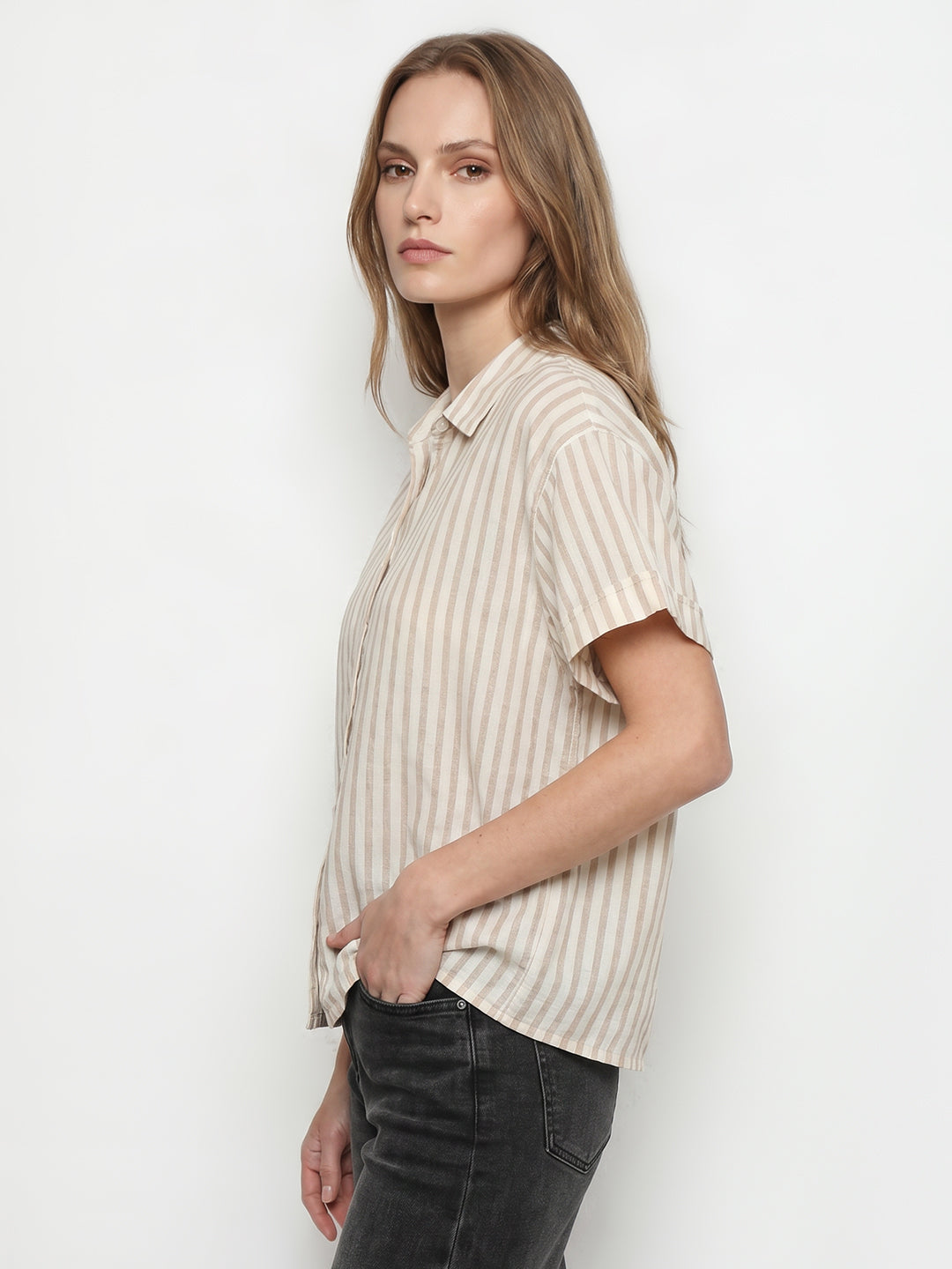 Women Beige/Off White Crop Shirt