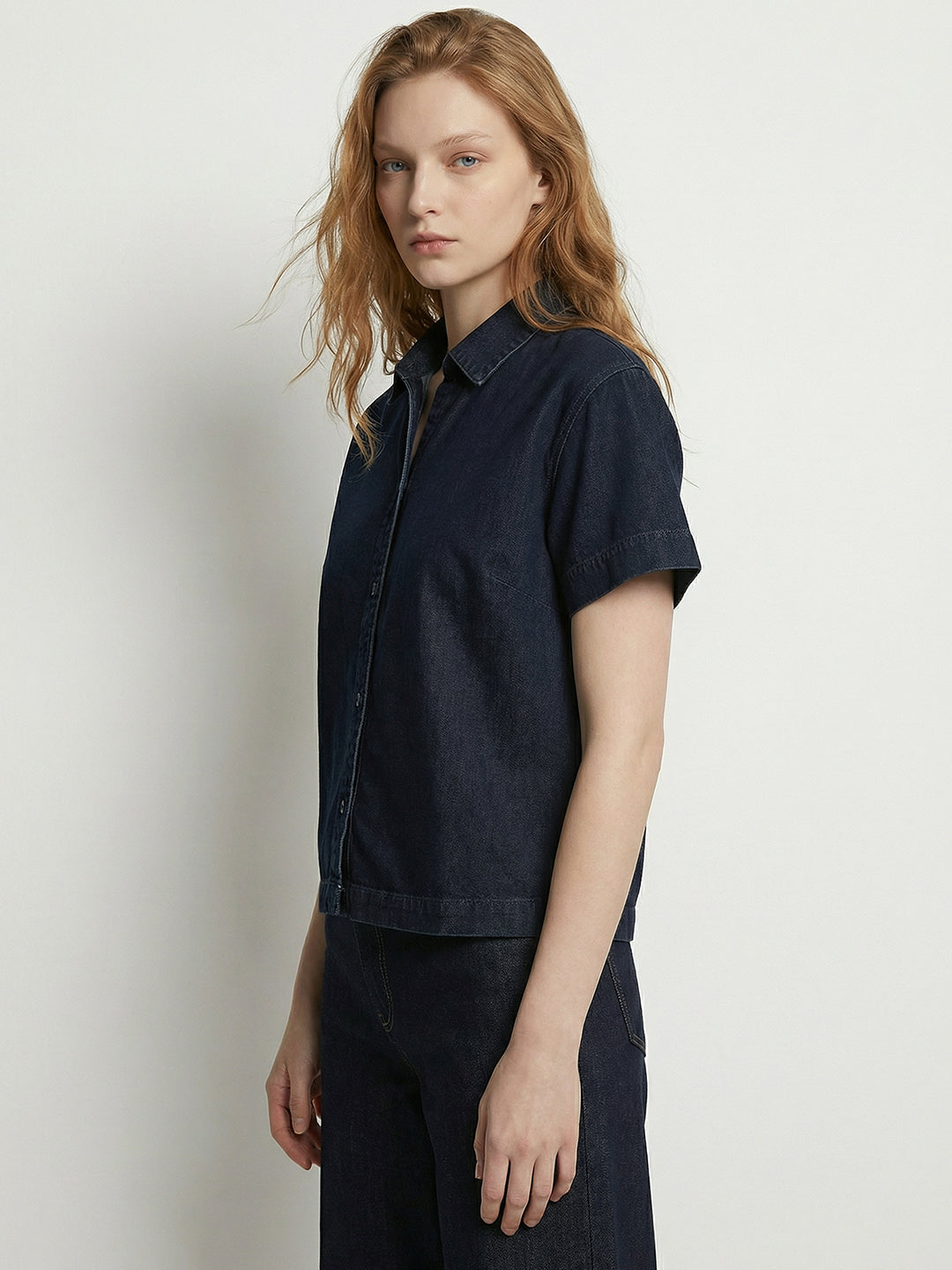 Women Dark Blue Crop Shirt