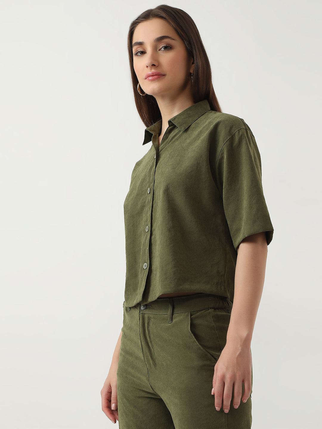 Women Olive Crop Shirt