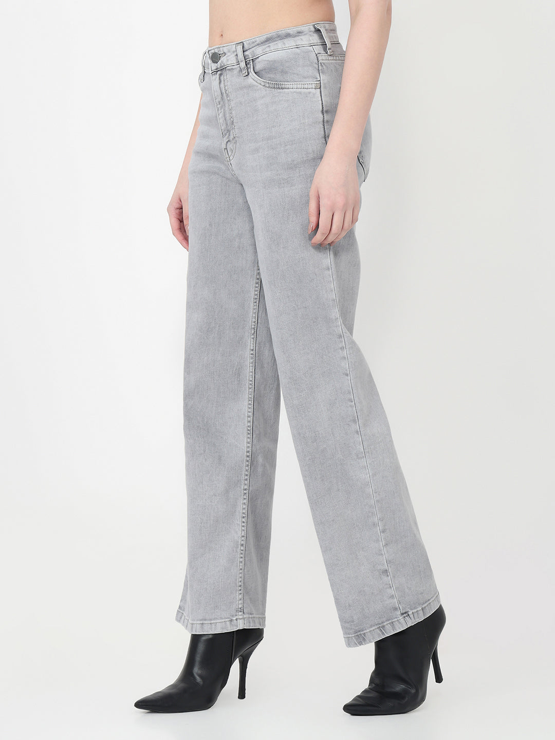 Women Grey High-Rise Wide Leg Jeans