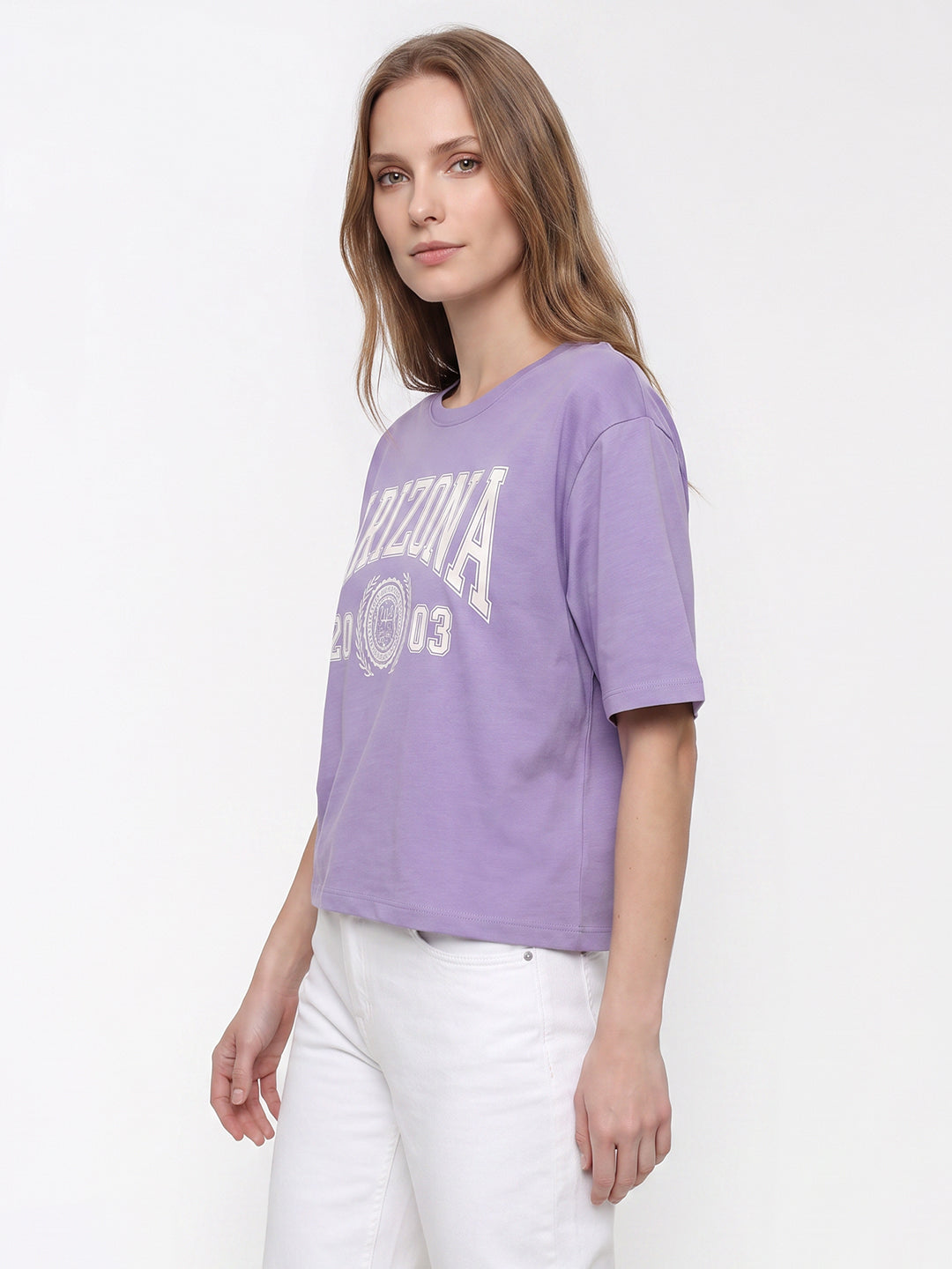 Women Lilac Graphic Crop Tees