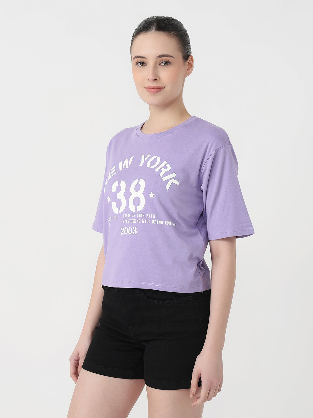 Women Lilac Slim Fit Graphic Crop T-Shirt