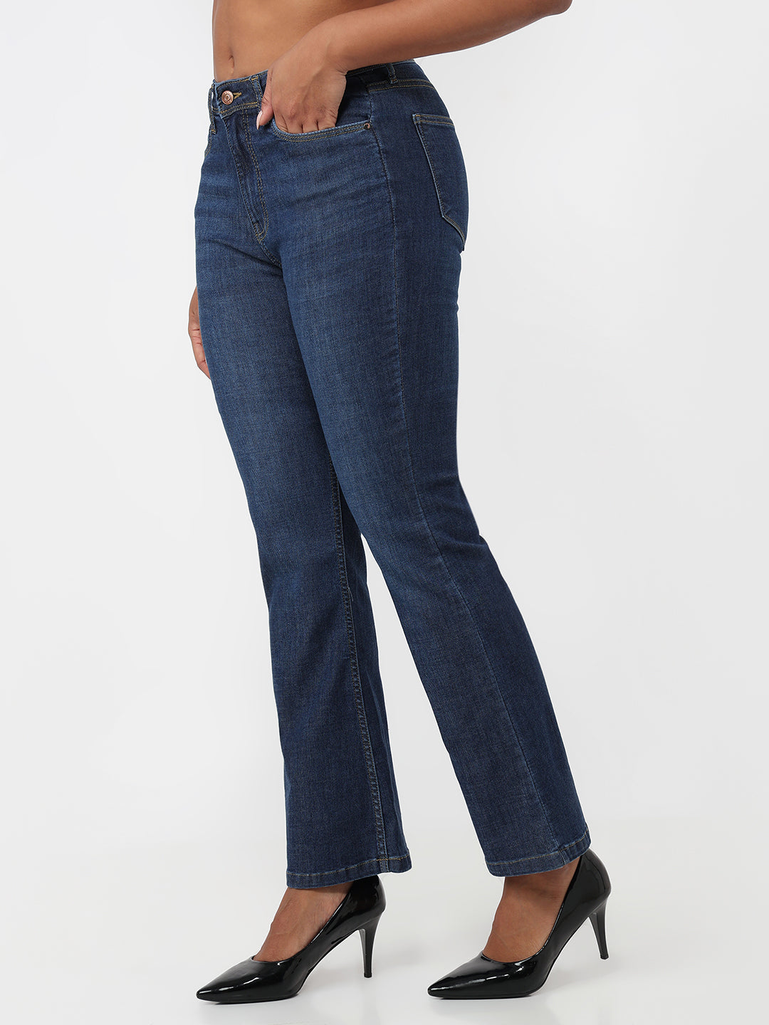 Women Dark Blue High-Rise Mini Flare Jeans