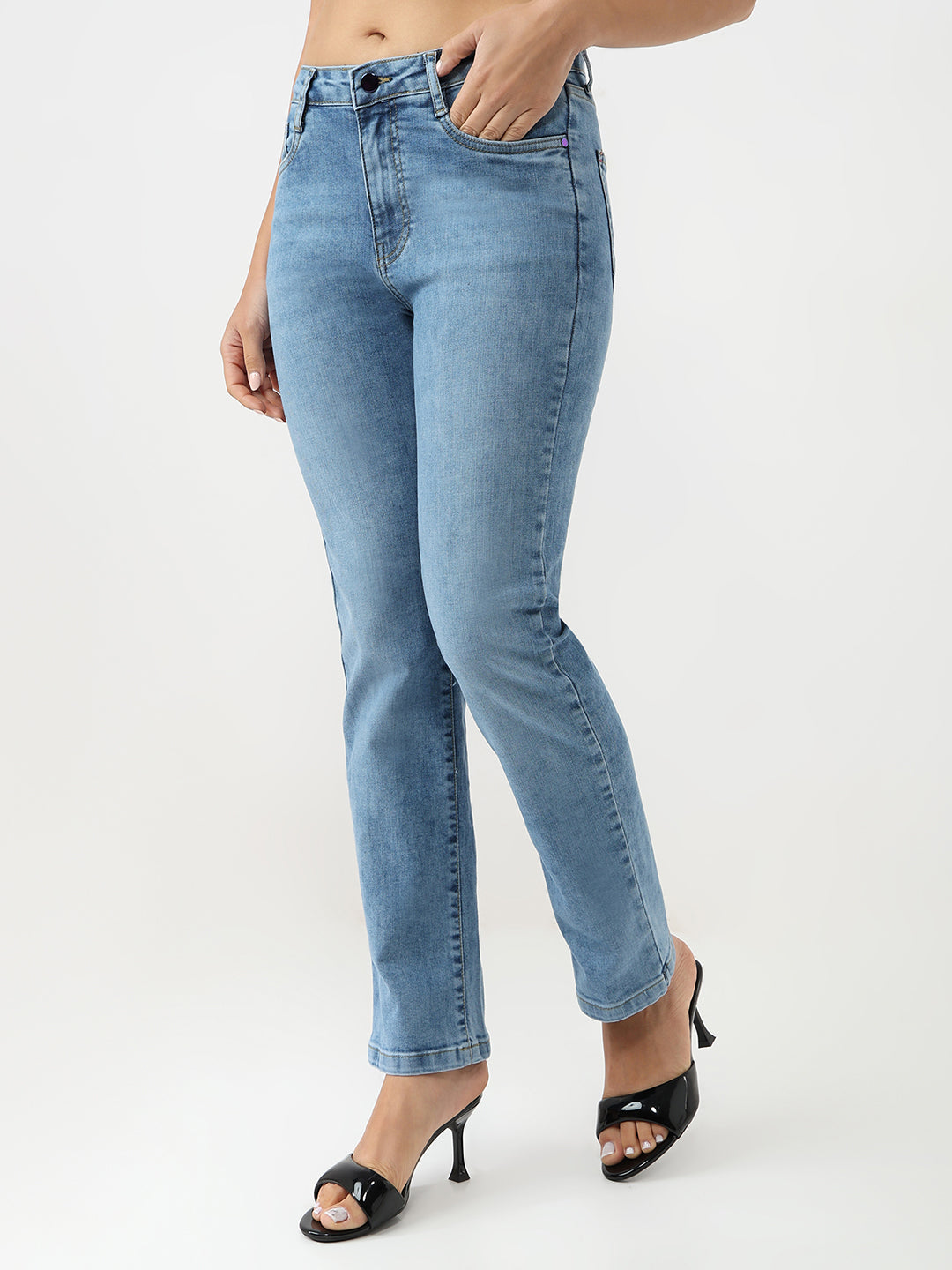 Women Blue High-Rise Slim Straight Jeans