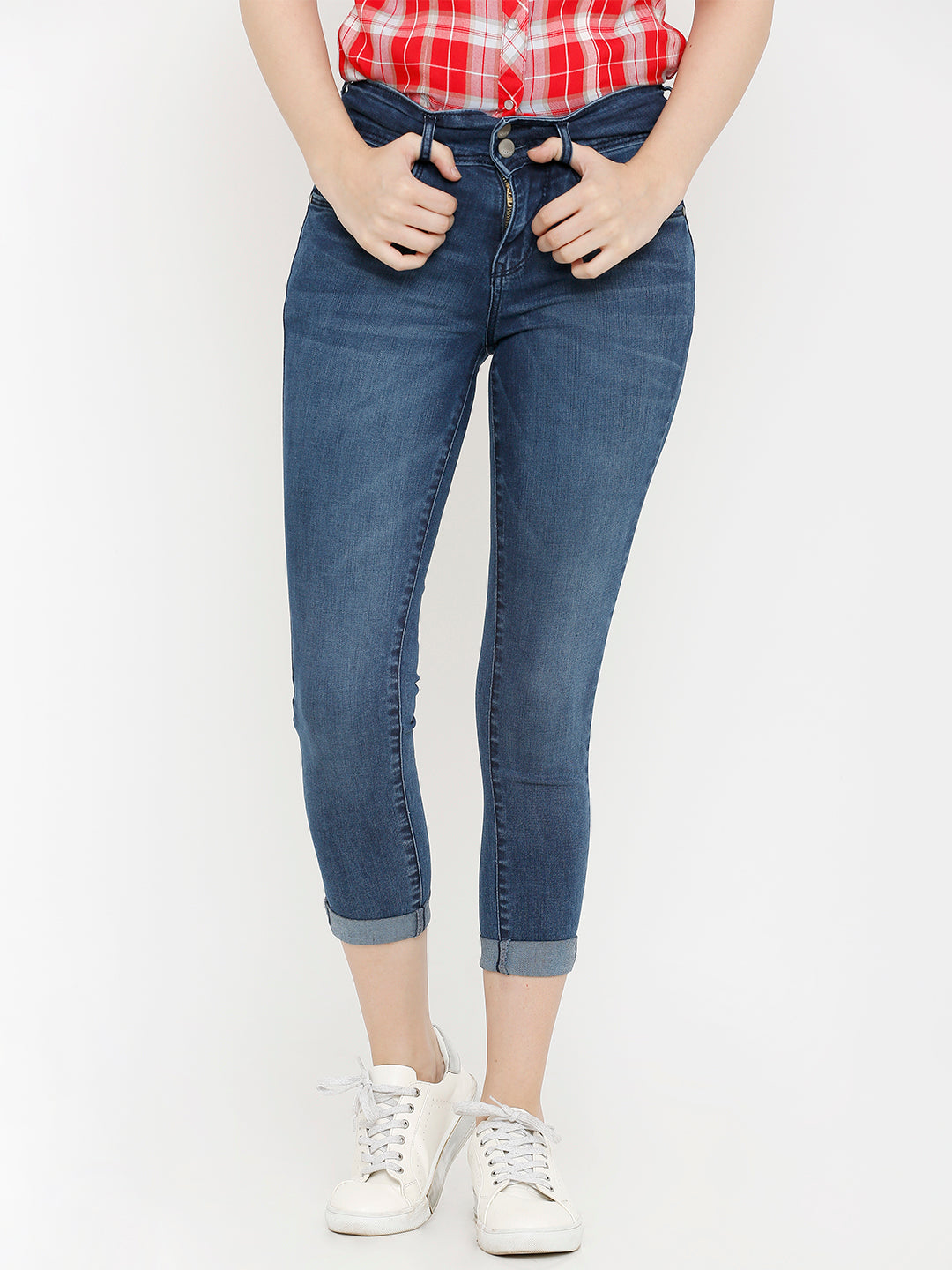 Women Dark Blue High-Rise Crop Length Skinny Jeans