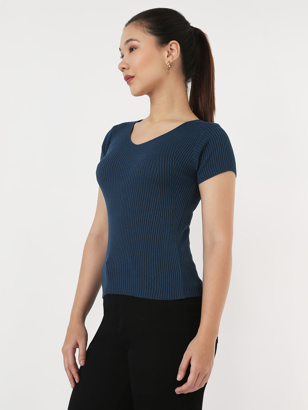 Women Teal Slim Flat Knit