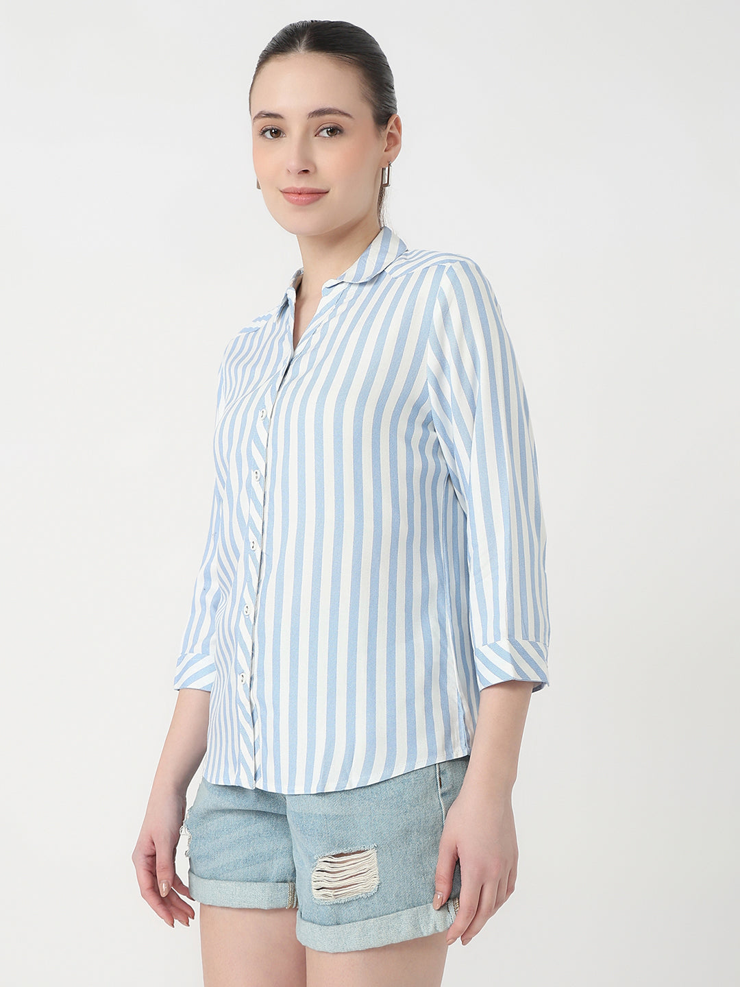Women Sky/White Slim Fit Shirt