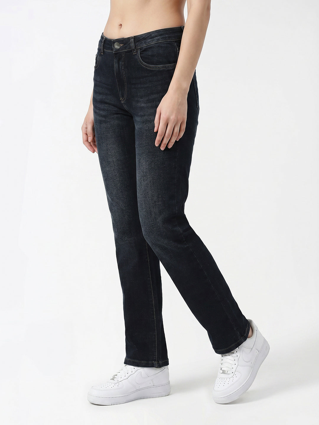 Women Dark Blue High-Rise Slim Straight Fit Jeans