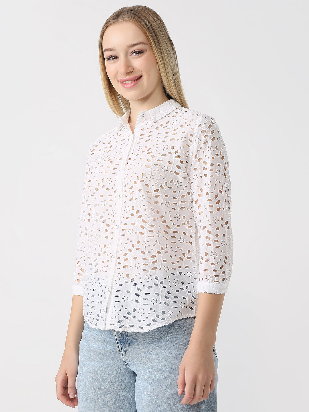 Women Bleach White Schiffli Shirt