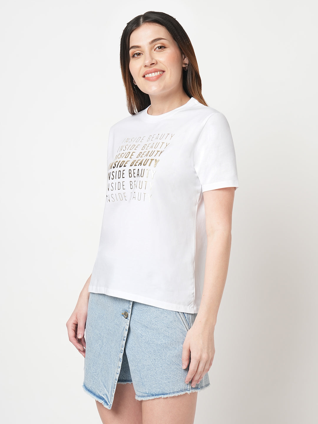 Women Slim Fit  White Boxy Graphic Tees