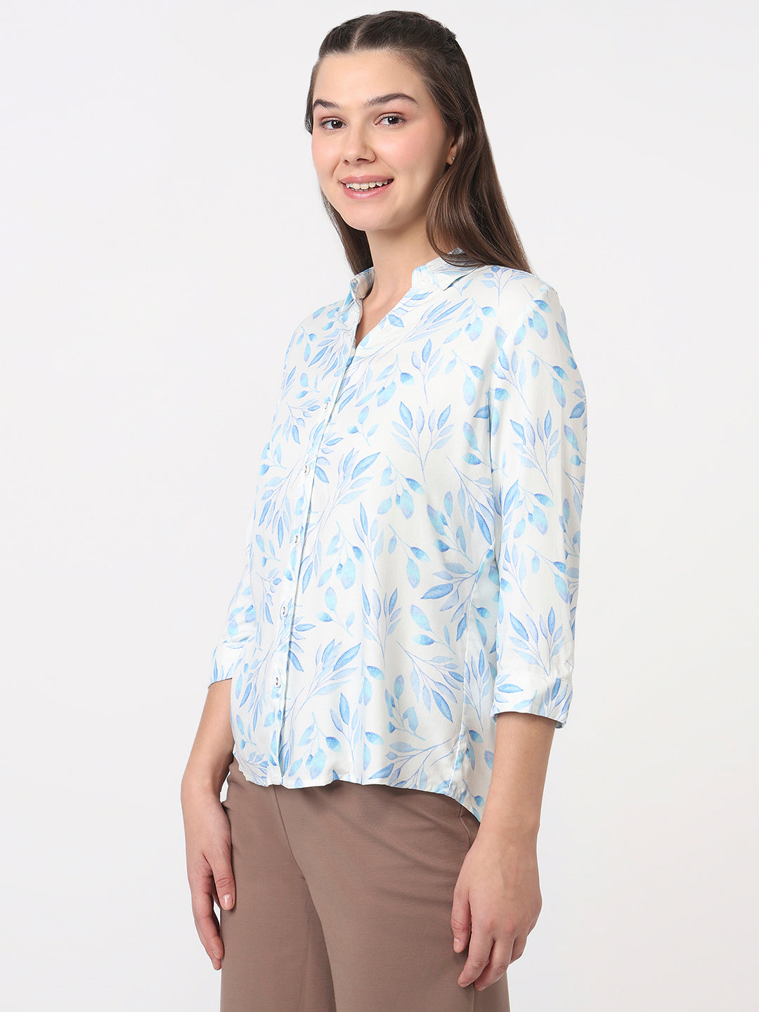 Women Blue Leaf Slim Fit Shirt