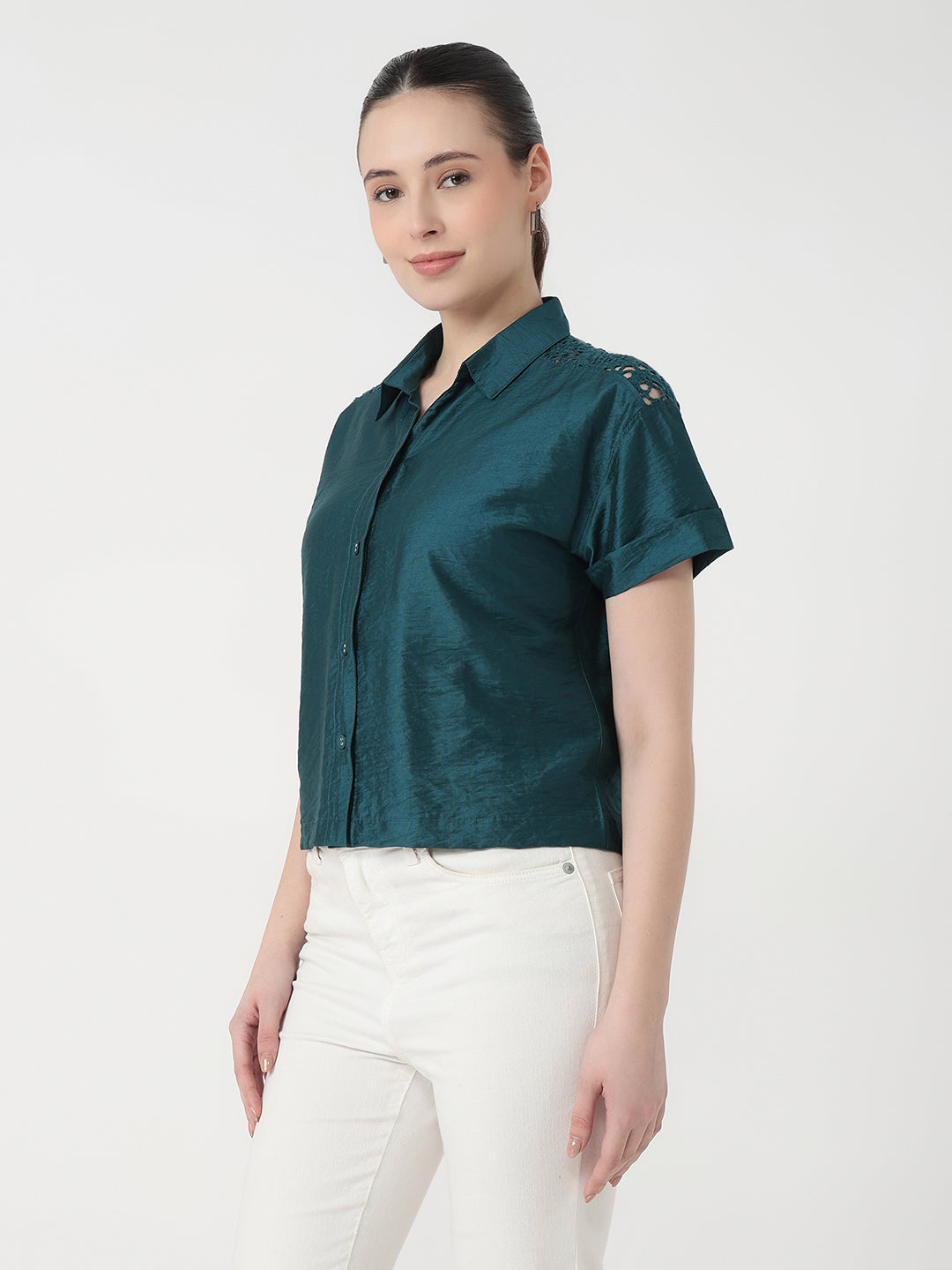 Women Deep Lake Slim Fit Crop Shirt