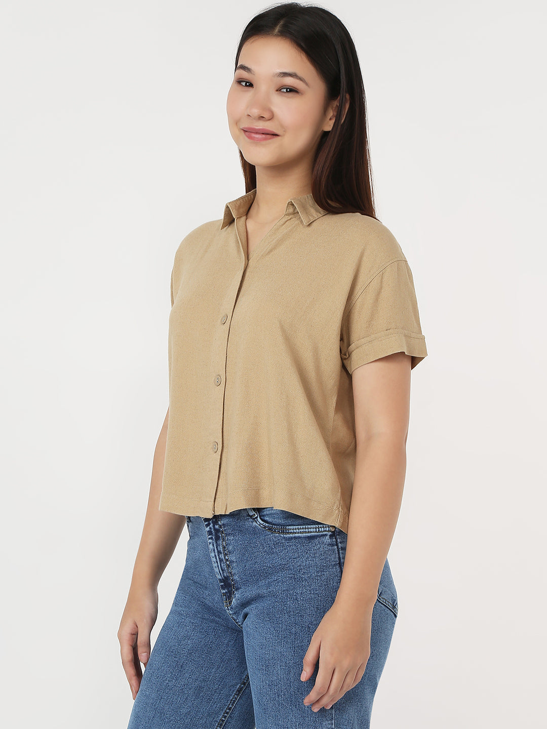 Women Light Brown Crop Shirt