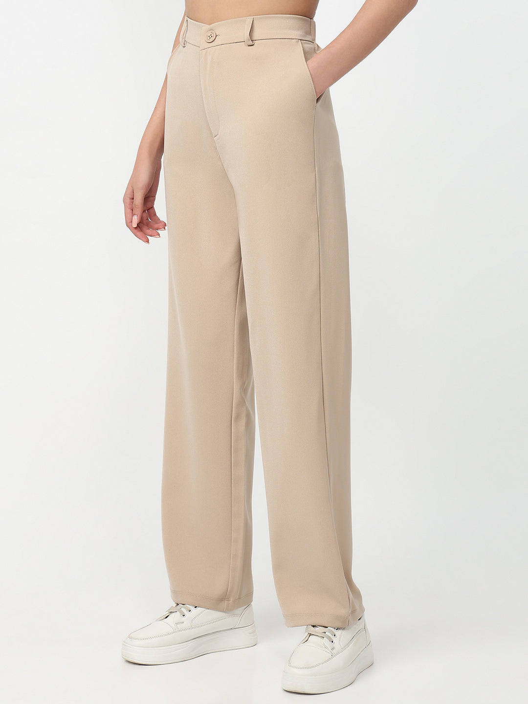 Women Beige High-Rise Straight Fit Pants
