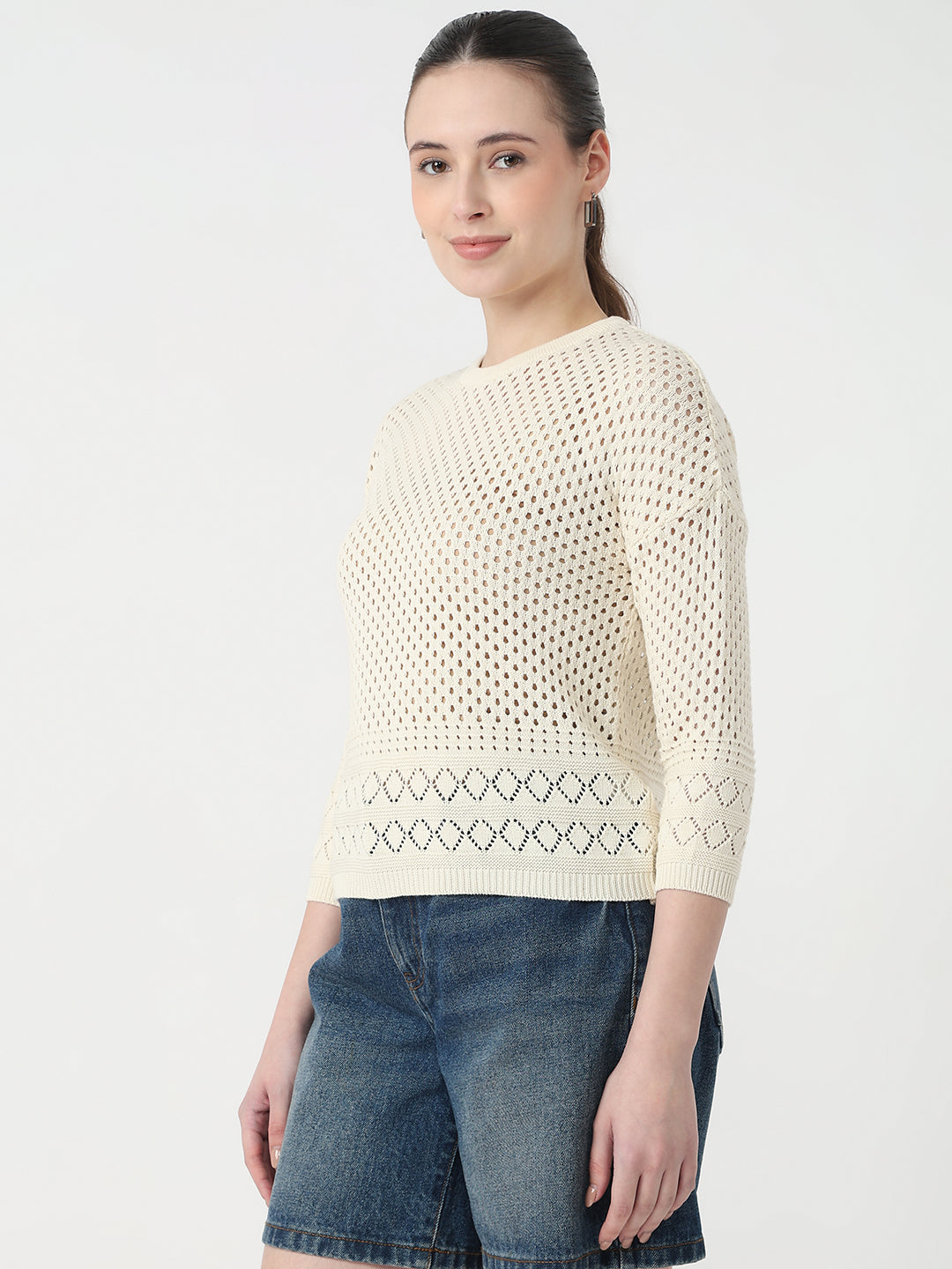 Women Ivory Slim Fit Flat Knit
