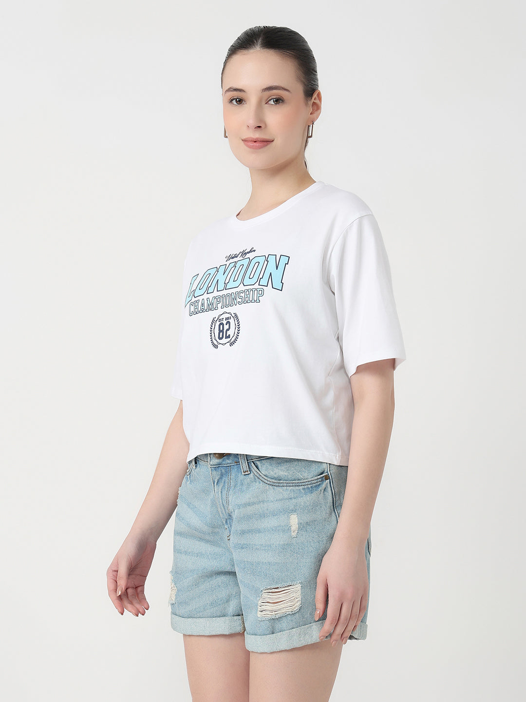Women White Slim Fit Graphic Crop T-Shirt