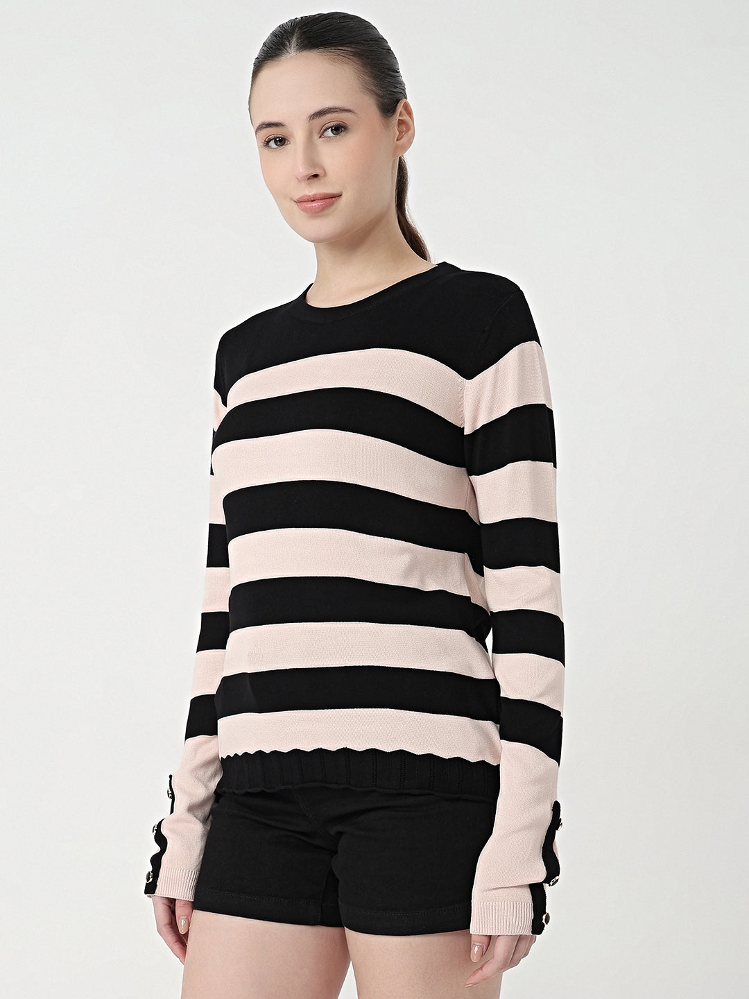 Women Black/Beige Slim Fit Flat Knit