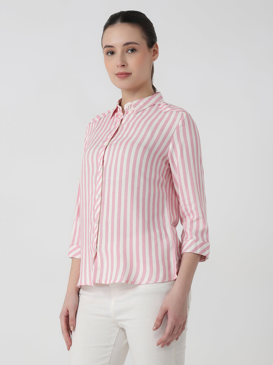 Women Pink/White Slim Fit Shirt