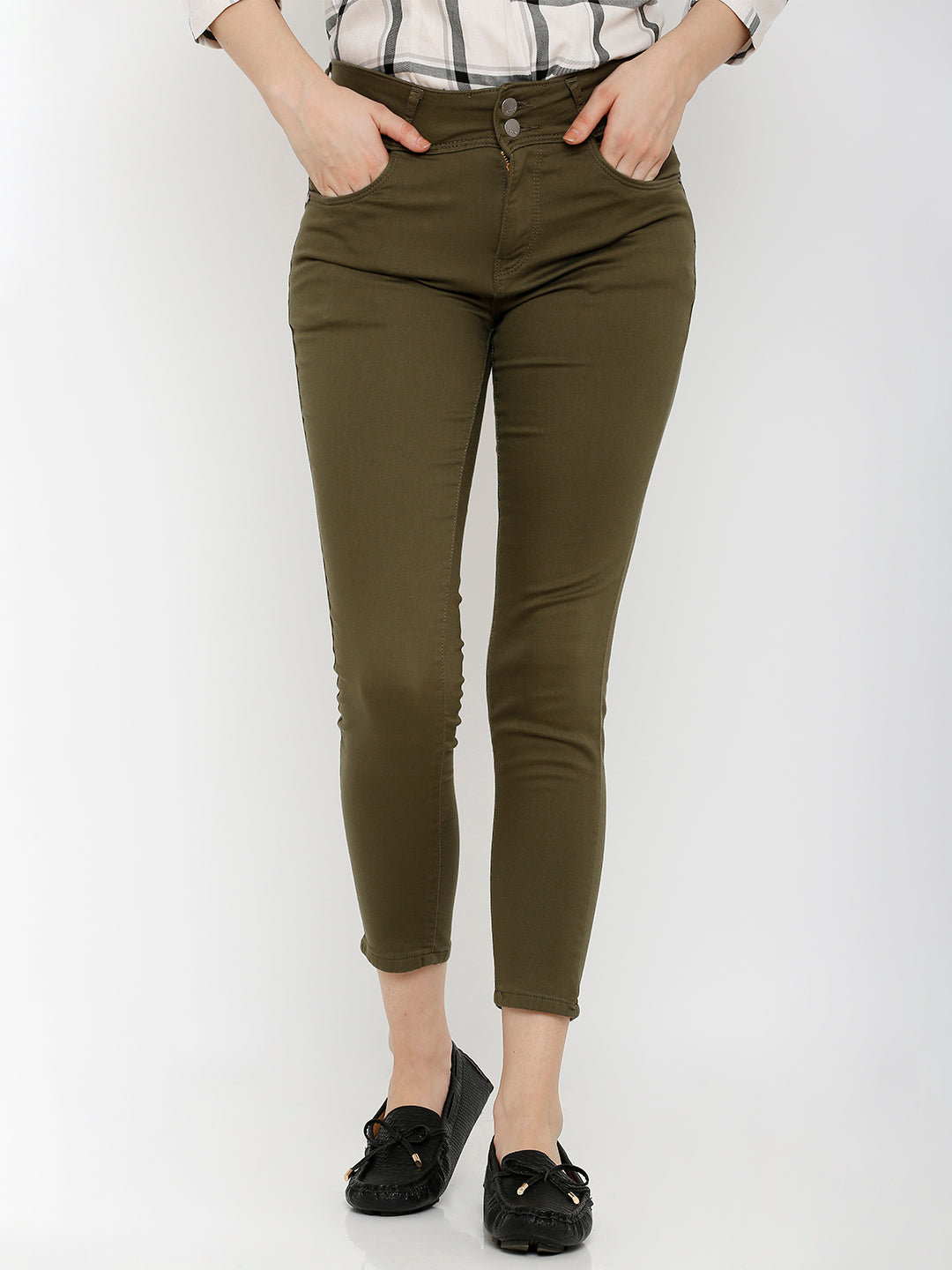 Women Olive Mid-Rise Crop Length Skinny Jeans