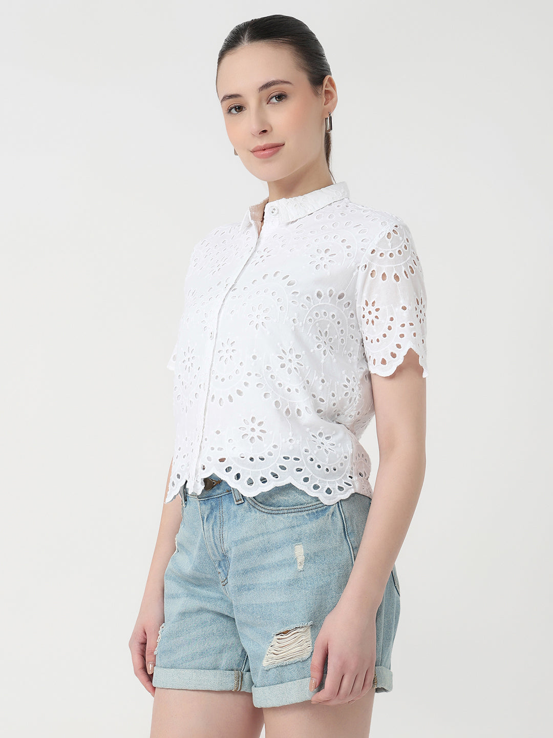 Women White Slim Fit Crop Shirt