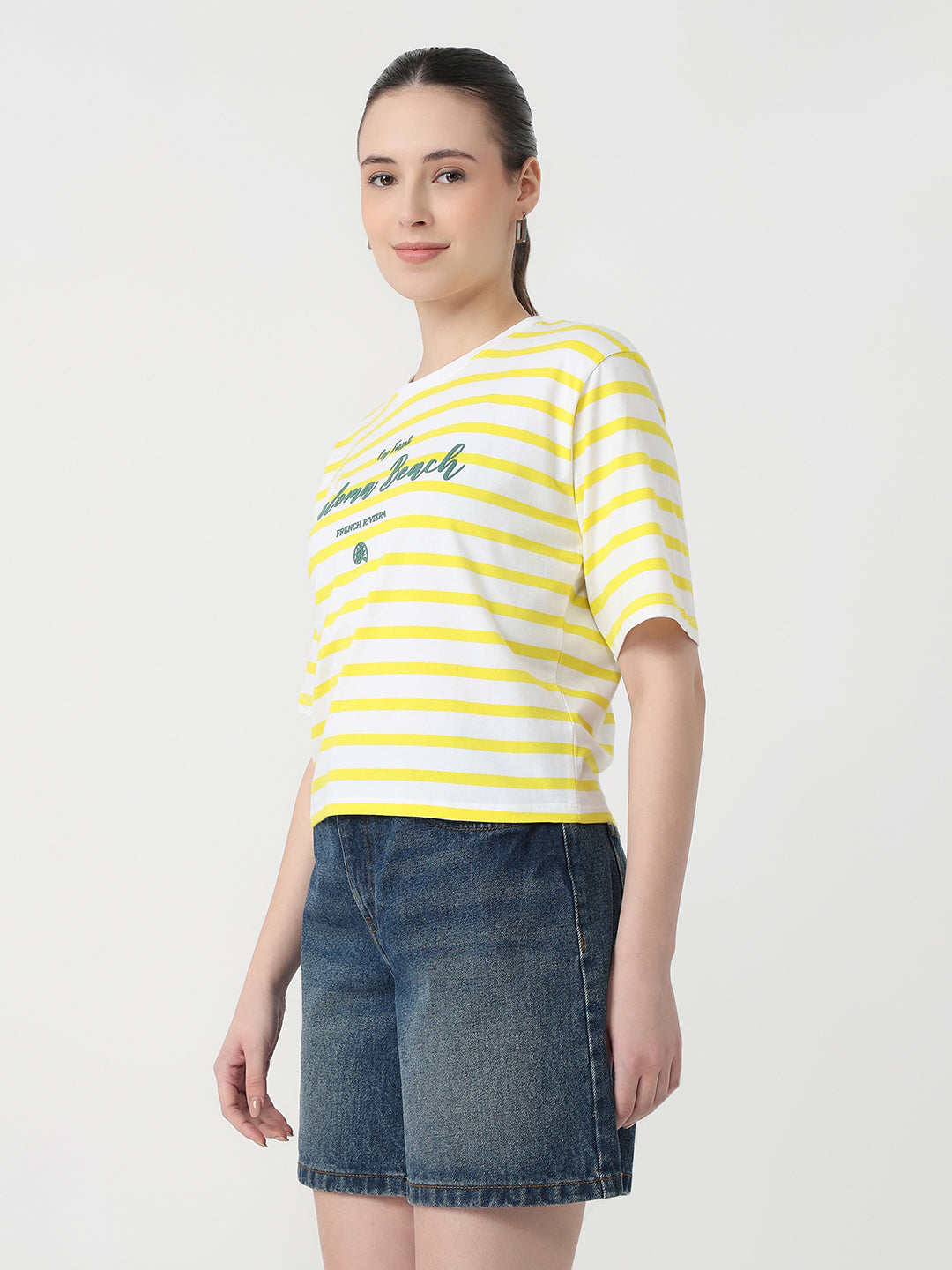Women Yellow/White Slim Fit Graphic Crop T-Shirt