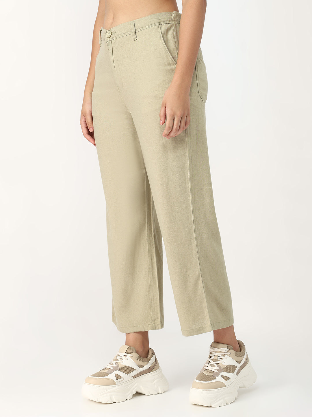 Women Light Olive Crop Wide Leg Trousers